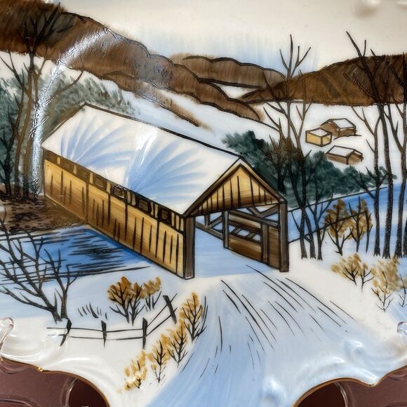 Norcrest Hand Painted Fine China Plate Covered Bridge Winter Scene P-114 Vintage - Picture 2 of 7